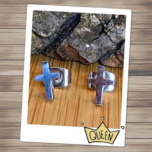 Minimalist Silver Cross Earrings - Picture 2 of 8